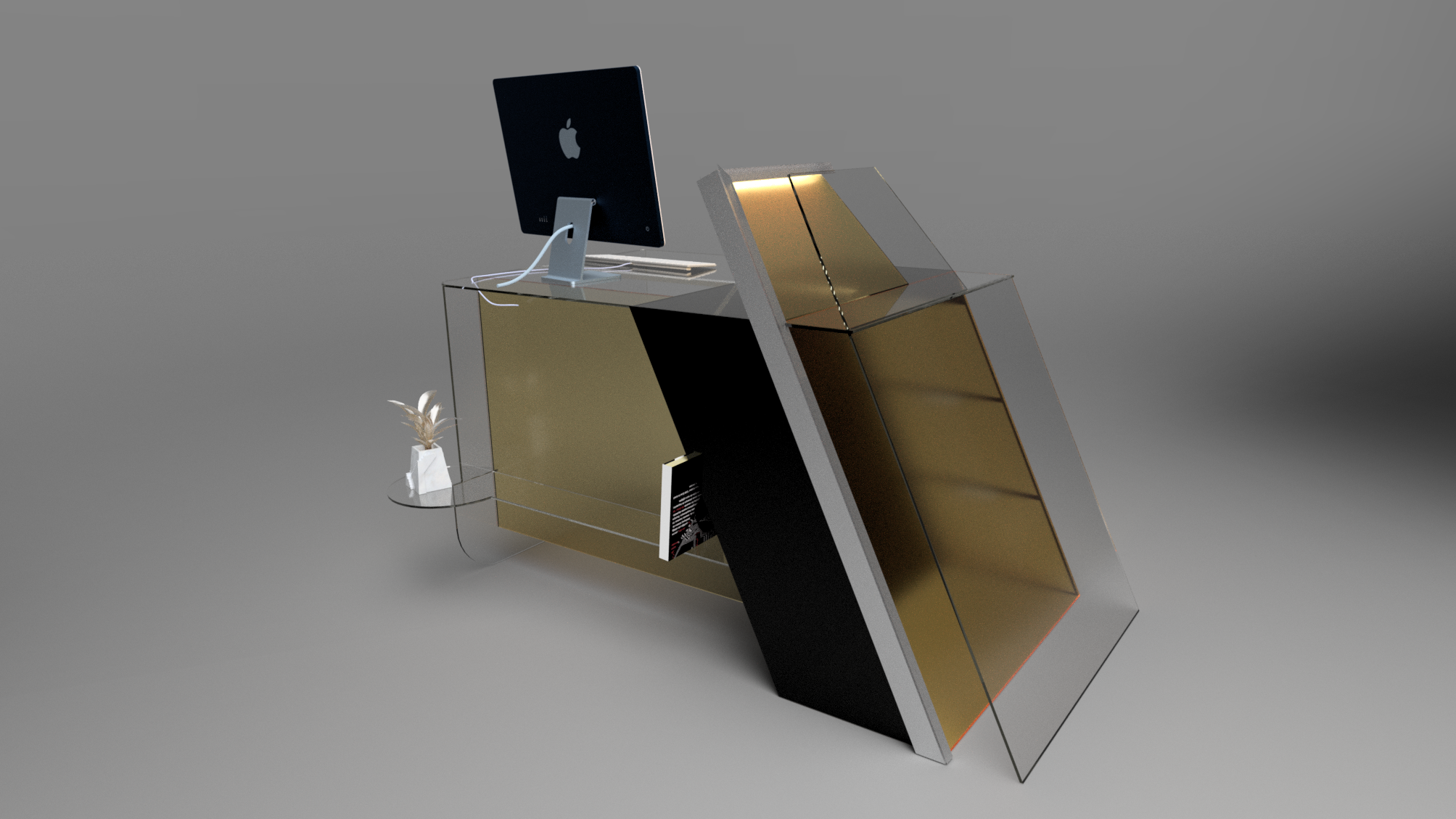 Acrylic and aluminum geometric desk with hidden lighting