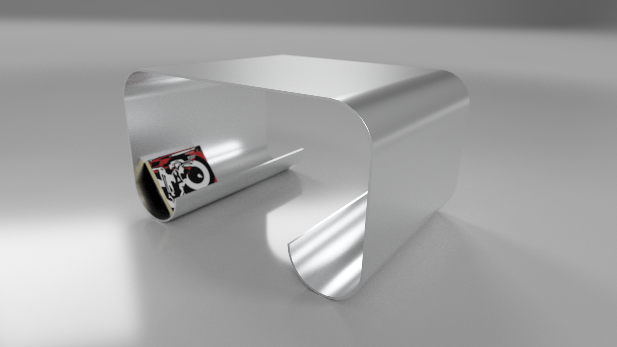 Close-up 3D render of Dessert Roller Room curved side table on gray background, brushed aluminum construction holding rolled cylindrical item with red-black-white label, emphasizing precision sheet forming manufacturing, futurism aesthetics, modular design for versatile room integration, ease-of-ownership finish, AI-enhanced for dynamic light reflection and structural integrity in contemporary spaces.