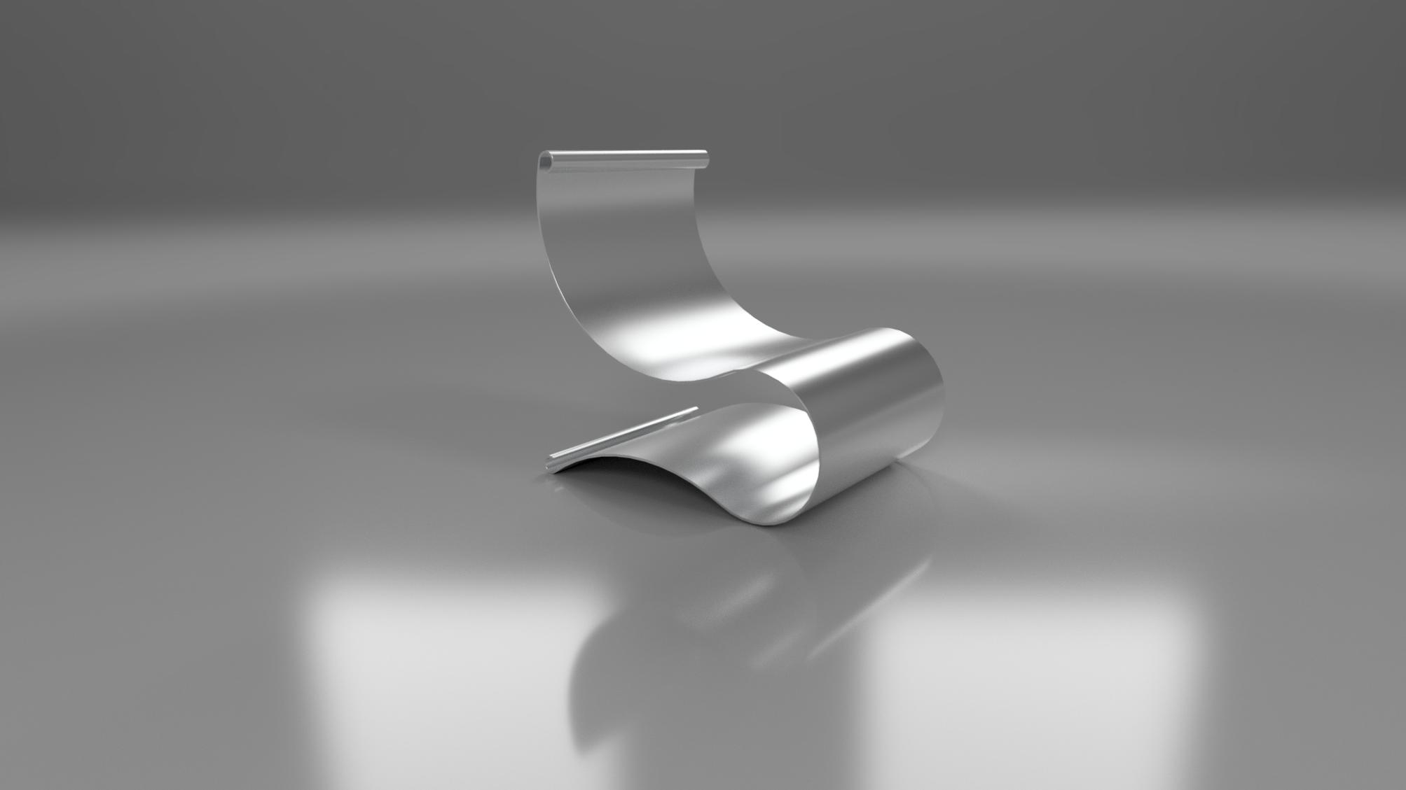 Standalone 3D render of Dessert Roller Room wavy lounge chair on gray background, sleek brushed aluminum in S-shaped form for ergonomic support, embodying futurism design with fluid rolling contours, part of full uncanny furniture set, modular architecture allowing mix-and-match, durable fingerprint-resistant material for effortless maintenance and bold forward-thinking style.