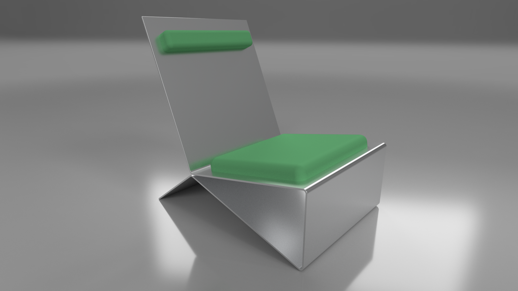 Isolated 3D render of Dessert Roller Room lounge chair on gray background, brushed aluminum frame with green cushioned seat and headrest, angular minimalist design, part of sophisticated furniture set with futurism language, modular components for customizable configurations, durable low-maintenance aluminum, uncanny visual appeal blending familiarity with otherworldly elements.