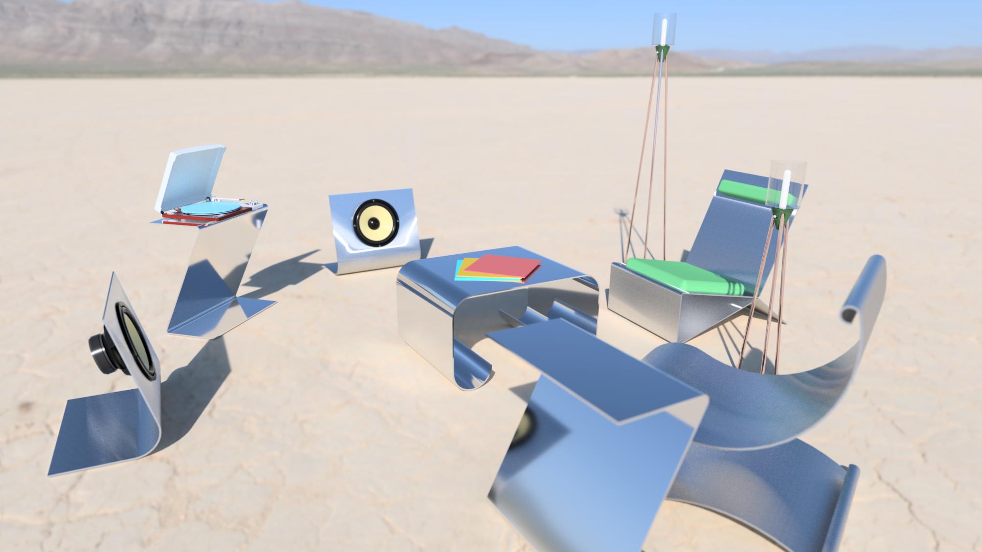 3D render of Dessert Roller Room furniture assembly in desert landscape under blue sky, featuring brushed aluminum pieces including lounge chairs with green cushions, side tables with colorful books, speakers, record player with blue disc, lamps on copper stems, showcasing futurism design language, modular architecture, uncanny aesthetic, precision sheet forming for seamless curves,uncanny-optimized for immersive sci-fi environments and ease of ownership.