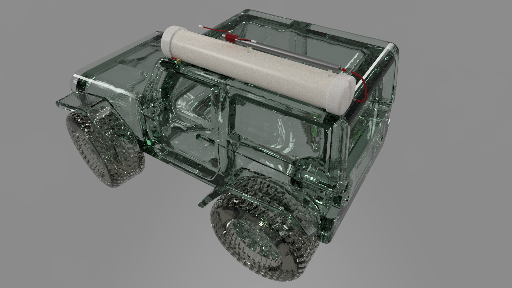 Transparent 3D render top-down view of Overlander Water tank mounted on off-road vehicle roof, aluminum construction with white cylindrical tank, red air hoses and compressor integration, showcasing rust-resistant components, weekend-long water supply, versatile faucet for shower or hose attachment, onboard air hose for tire pressure maintenance, compact vehicle-mountable design for self-sufficient overlanding adventures in rugged terrains.