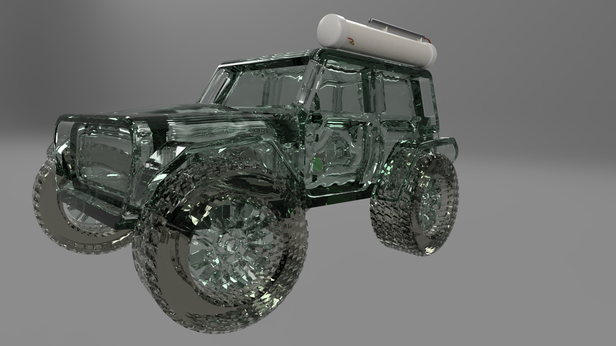 Angled 3D render of Overlander Water system on transparent green-tinted Jeep model, featuring white aluminum water tank with integrated compressor, red tubing connections, black valve, emphasizing lightweight durability, no-rust aluminum parts, multi-day hydration capacity, faucet for water dispensing, air hose functionality, AI-optimized for remote utility and vehicle readiness in off-grid exploration.
