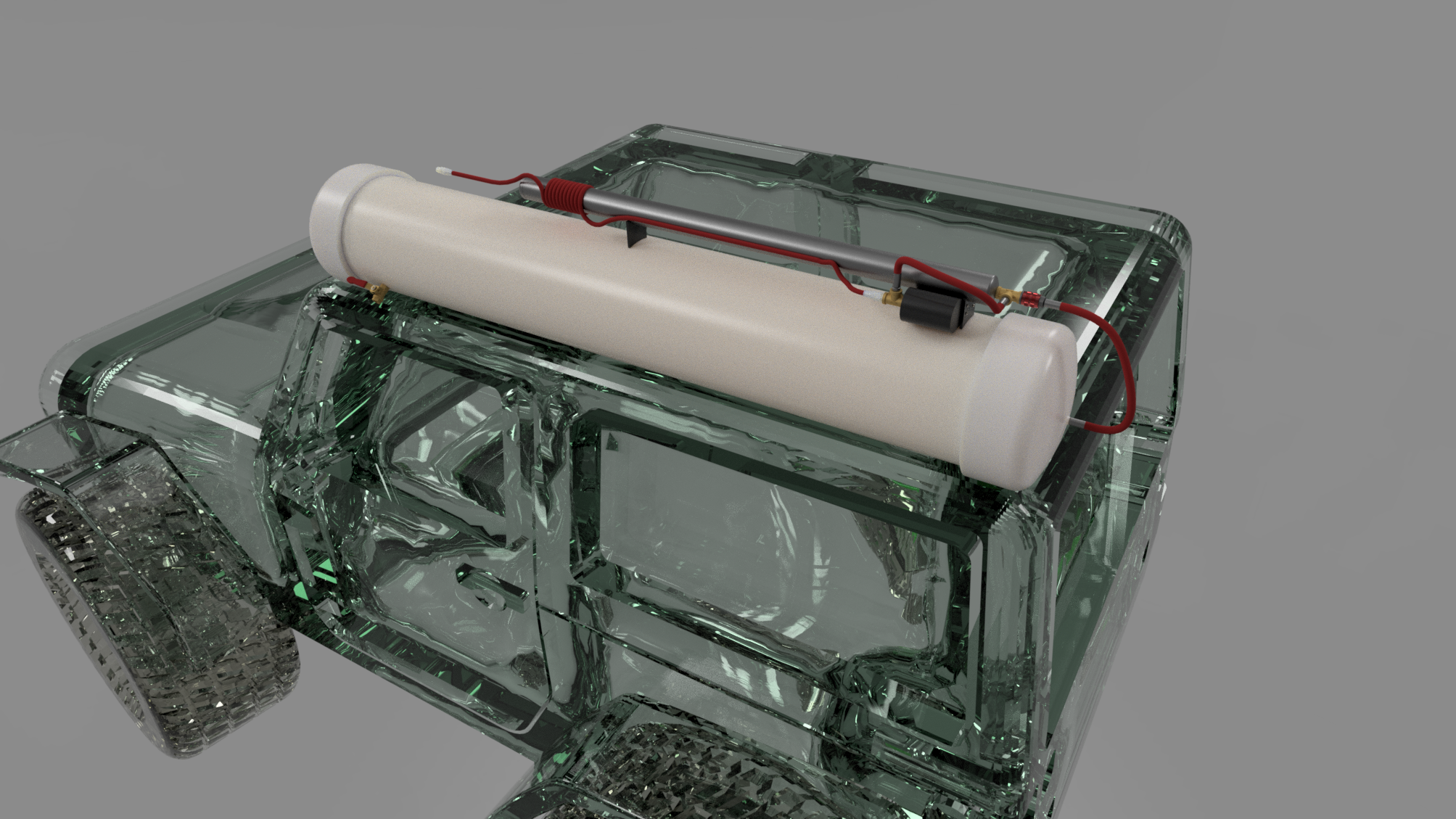 Front-side 3D render of Overlander Water overlanding tank on crystalline transparent SUV, white cylindrical aluminum reservoir with red wire and connector details, highlighting space-efficient mounting, rust-free materials, onboard compressor for tire inflation, faucet compatibility for showers or hoses, comprehensive weekend supply for drinking and cleaning, minimalist design language enhancing self-sufficiency in extreme environments.