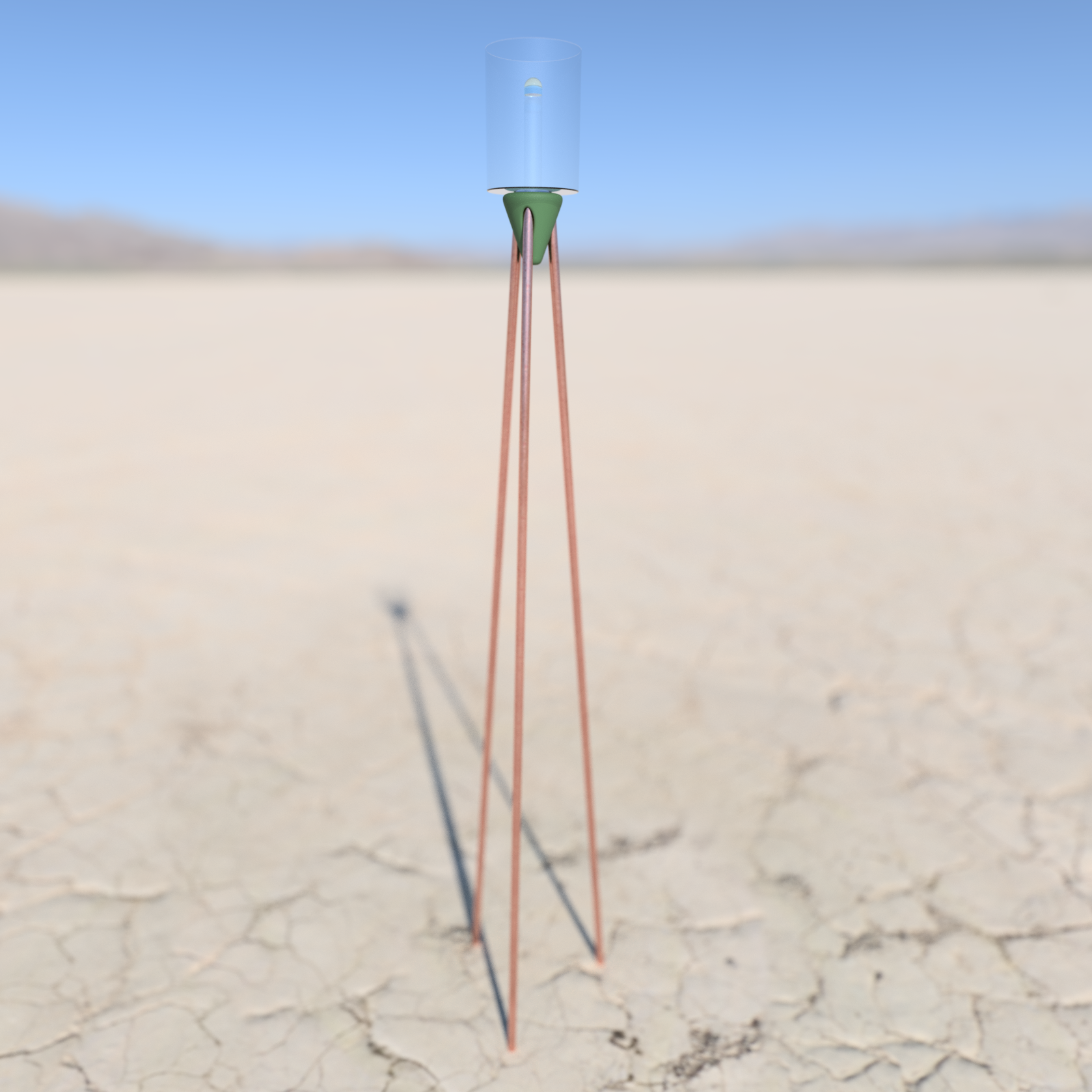 Standalone 3D render of The Lamp in vast desert landscape under blue sky, with green body, copper legs, tripod base, casting shadow on sandy ground, blending atomic-era optimism with mid-century minimalism, copper warmth for patina development, ideal for modern rooms seeking nostalgic yet contemporary reading light solutions.