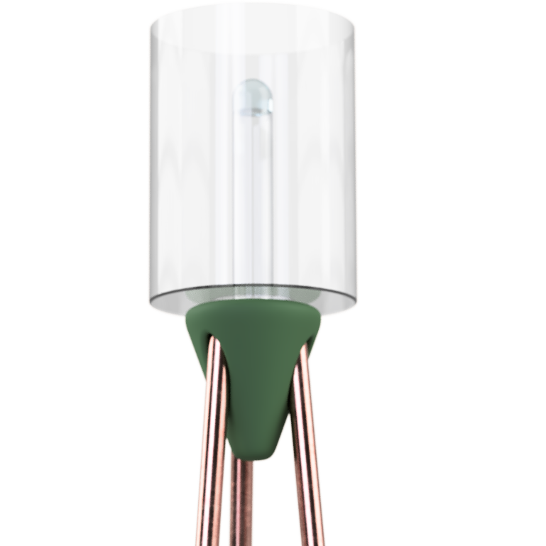 Close-up 3D png render of The Lamp top no background, transparent silver shade enclosing spiral bulb, green tapered atomic-inspired base connecting to copper stems, emphasizing futuristic atomic flair with mid-century restraint, energy-efficient warm lighting, smoked glass for gentle diffusion, AI-optimized design for balanced ambiance and eye-friendly illumination.