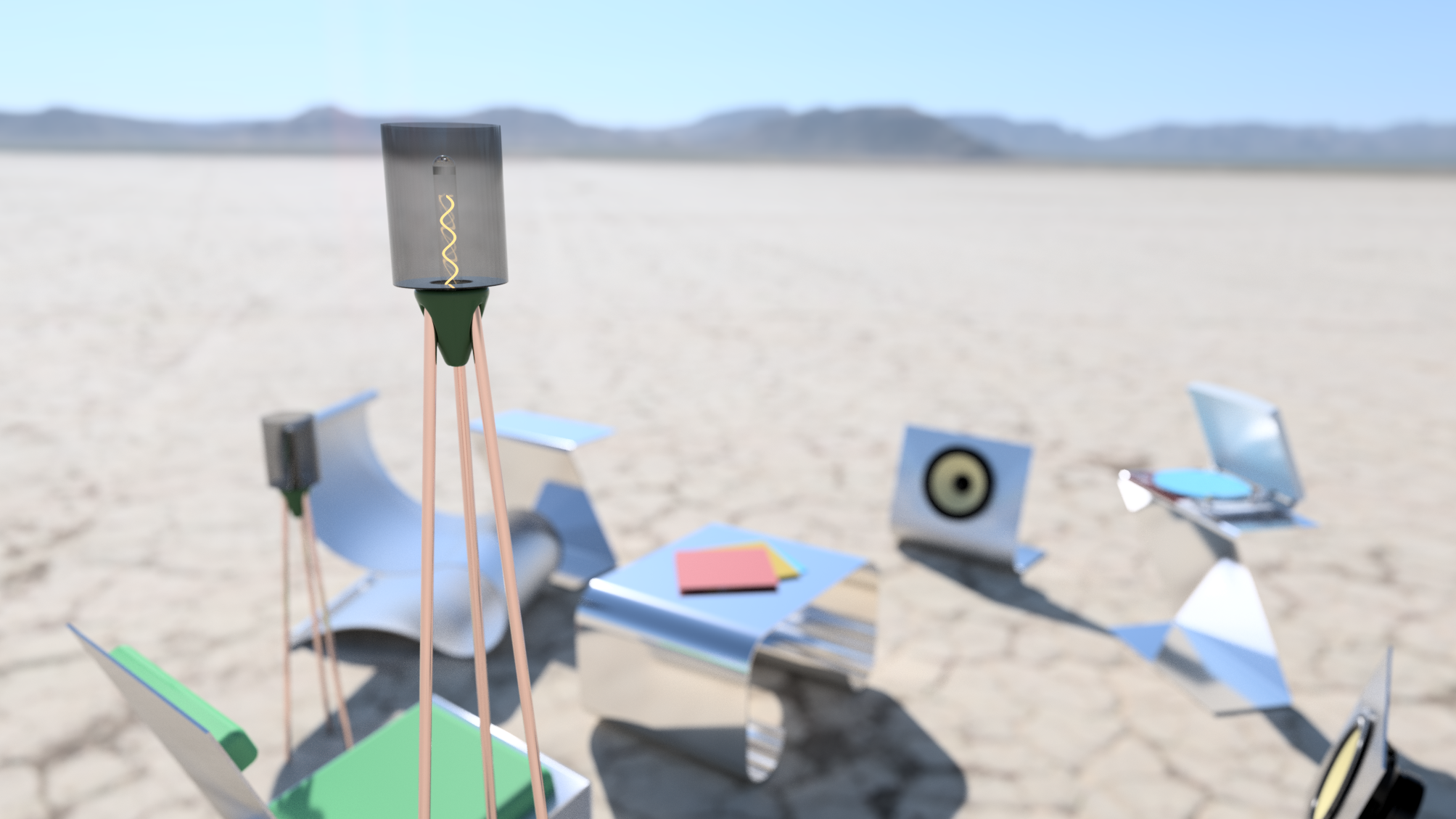 Desert scene 3D render focusing on The Lamp with smoked shade and glowing spiral bulb, green atomic body on copper tripod, surrounded by brushed aluminum furniture set including chairs, tables, speakers, and colorful books, part of Dessert Roller Room assembly, futurism design language, modular architecture, ease-of-ownership brushed aluminum, uncanny aesthetic for immersive sci-fi inspired environments.