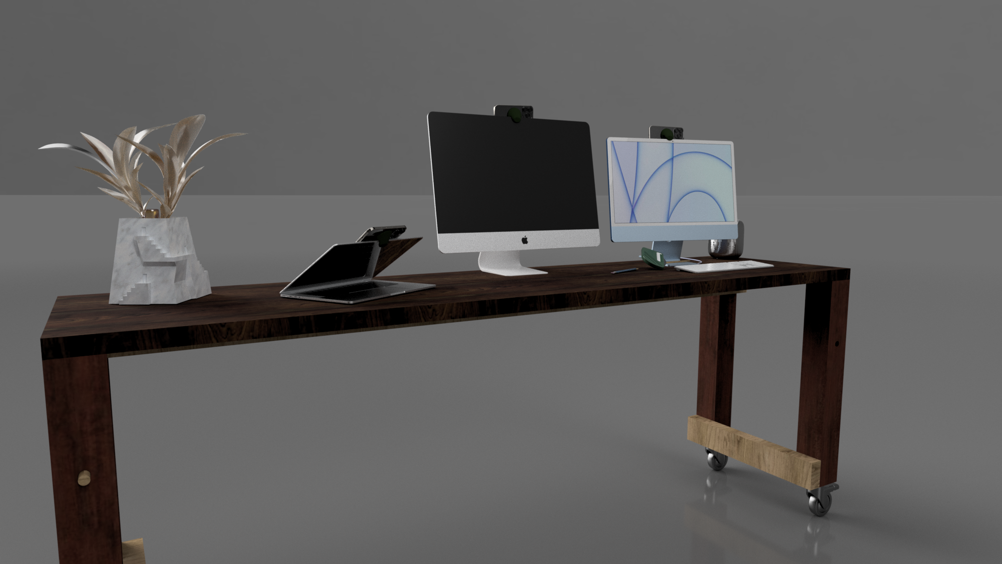 Desk setup featuring MagMac Mount silicone puck in green attaching iPhone to iMac and MacBook for Continuity Camera video passthrough, wooden desk with plant, minimalist industrial design language, MFi-certified MagSafe compatibility, universal Mac fit, enhancing video call quality with superior iPhone camera, AI-integrated hardware for seamless Apple ecosystem integration.