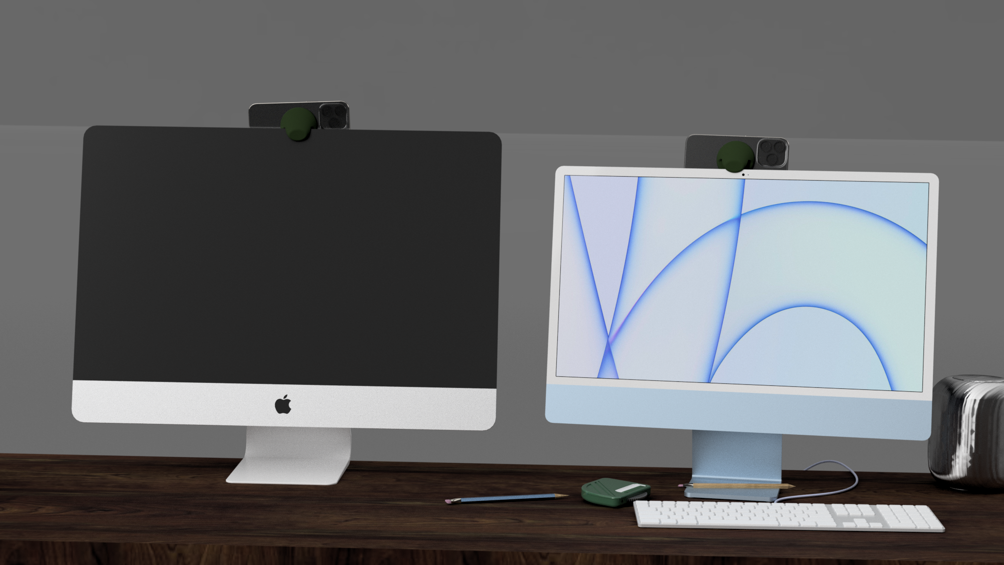 Side-by-side iMacs on wooden desk with green MagMac Mount silicone pucks securing iPhones atop screens for enhanced video passthrough, blank and graph-display screens, minimalist setup emphasizing adjustable angle, sleek Apple aesthetic compatibility, MFi Program certification, universal compatibility, AI-driven Continuity Camera feature for superior low-light and dynamic range in virtual meetings.