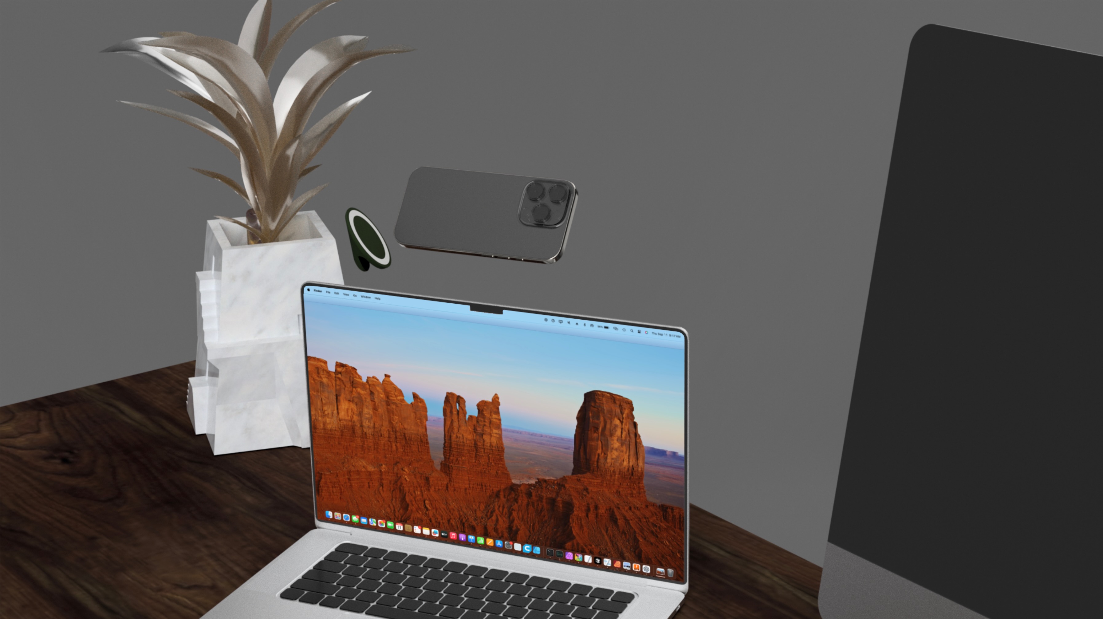 Exploded view of MagMac Mount setup on MacBook Pro with floating green silicone puck and iPhone, desk with plant and desert canyon wallpaper on screen, demonstrating magnetic attachment for video calls, compact portable design, surface protection, quick-release, AI-integrated passthrough using iPhone's advanced camera over Mac's built-in, in a modern industrial design context.