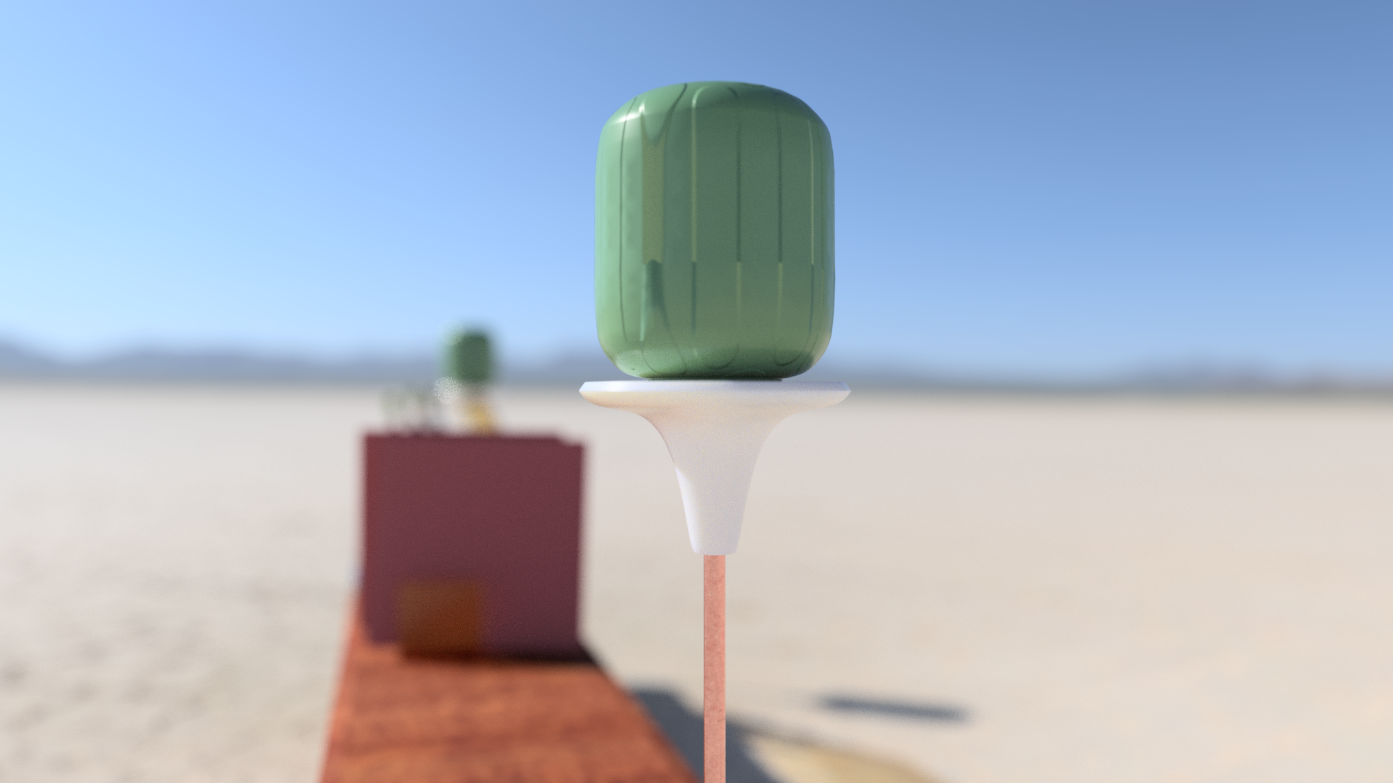 Focused 3D render of Phe Lamp in desert setting, green atomic-inspired body on white funnel-shaped enamel base with copper stem, tripod support, warm 2500K light ideal for mid-century modern rooms, sophisticated sculptural design with smoked shade, blending futuristic atomic aesthetics and metallic warmth for reading corner illumination and timeless appeal.