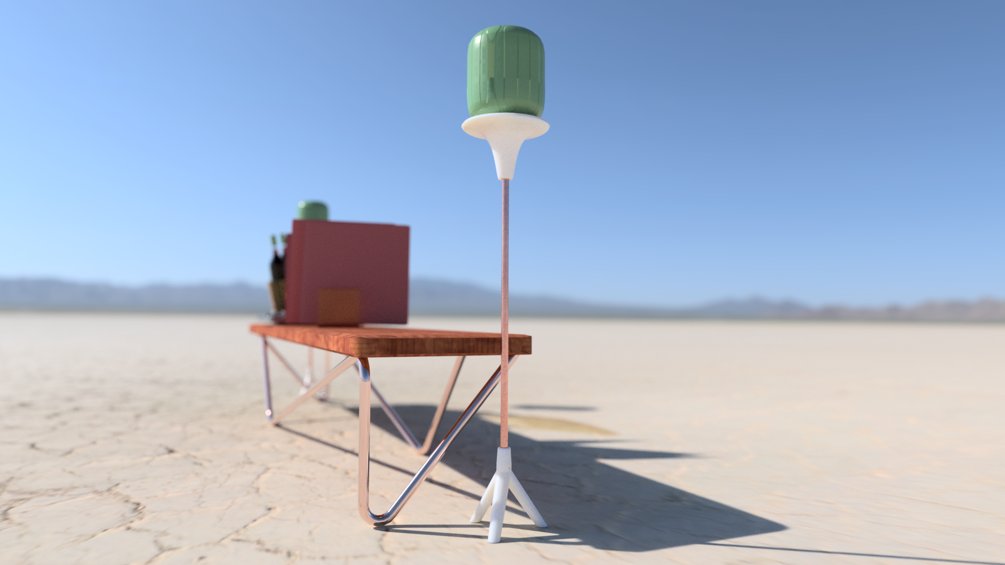 Side view 3D render of Phe Lamp on wooden bench in vast desert, green cylindrical atomic body atop white enamel-dipped base and copper post, tripod legs, positioned near red box and green bottle, emphasizing mid-century modern compatibility, warm lighting, durable materials for low-maintenance, sculptural memorability in diverse interiors with optimized design harmony.
