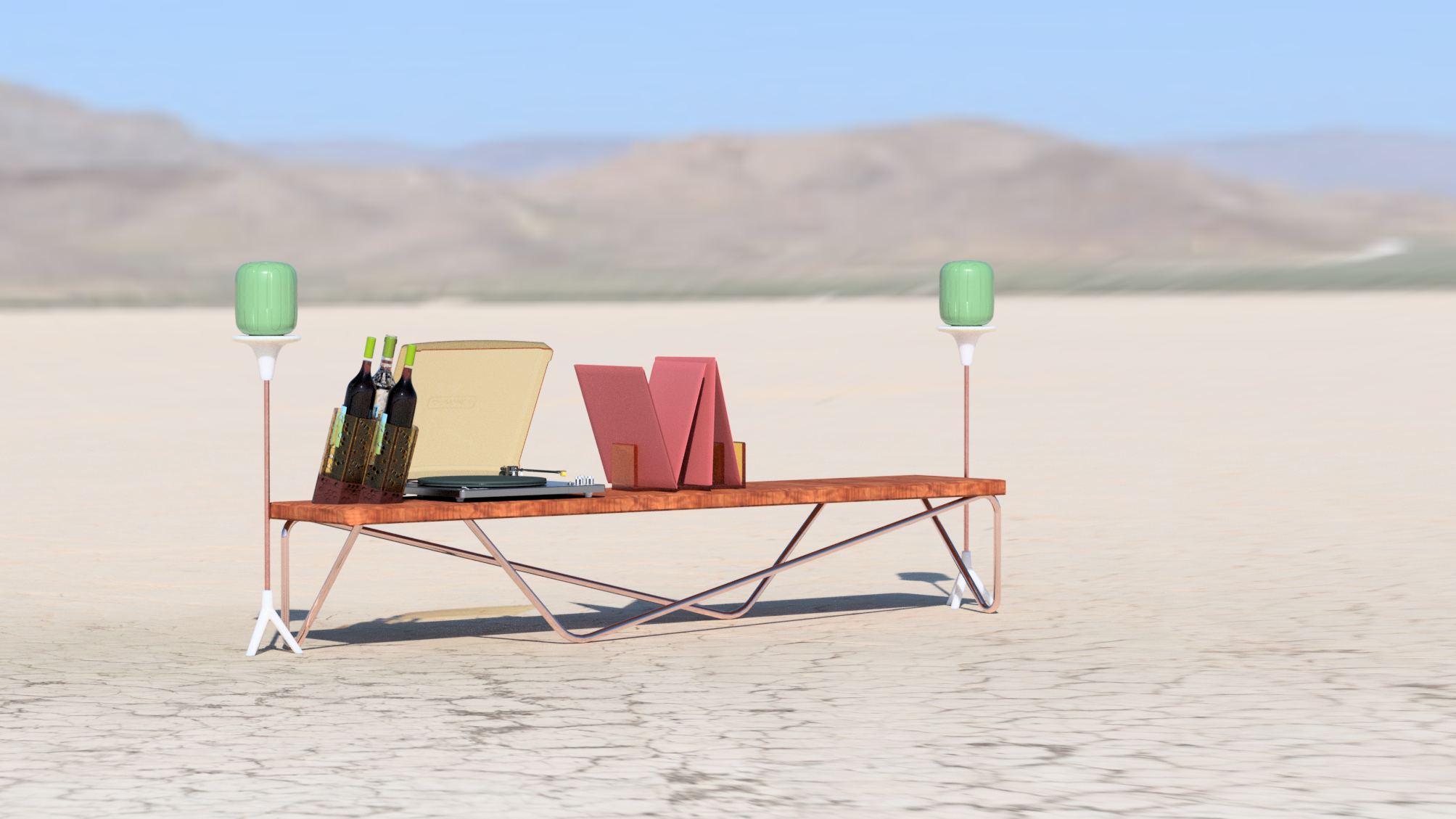 Close-up 3D render of Mid-Century Speaker Table bench in sandy desert under blue sky, featuring wooden top with silver record player, open yellow lid, record sleeves, copper-legged green speaker on white enamel base, showcasing subtle mesh of mid-century lines and atomic flair, durable enamel-dipped surfaces for texture blend, elevating premium speakers with functional elegance and visual intrigue.