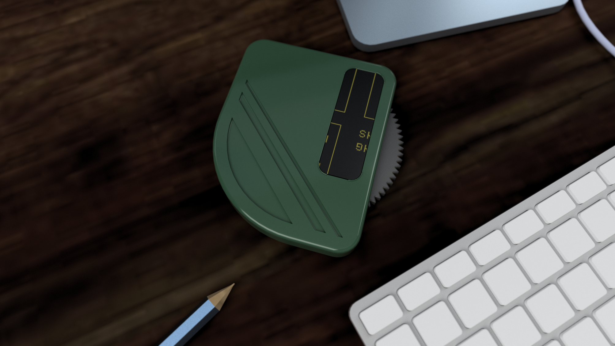 Top-down close-up of Music Scroll single-purpose music player on wooden desk, green aluminum body with e-ink display showing label "That one song stuck in your head", tactile serrated scroll wheel, near blue and yellow pencils, white keyboard, and Apple device edge, featuring quirky iPod-inspired design, premium hand feel, multi-directional controls, low-power e-ink for days of playback, AI-enhanced intuitive navigation in minimalist modern hardware.