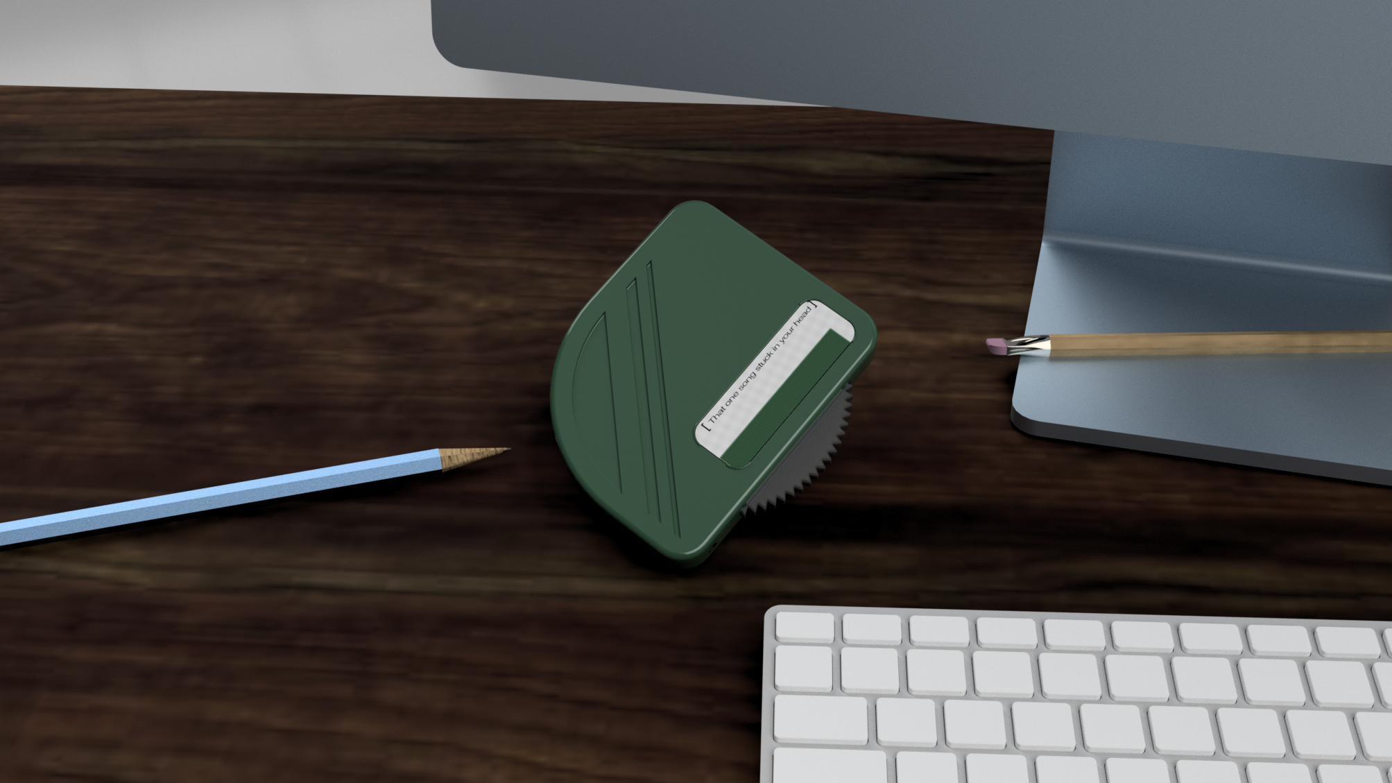 Close-up 3D render of Music Scroll quirky single-purpose music player on wooden desk, green aluminum casing with tactile multi-directional scroll wheel, e-ink screen displaying time, label reading "That one song stuck in your head", alongside blue and yellow pencils, white keyboard, and Apple iMac base, highlighting modern iPod-inspired design for distraction-free listening, days of playback, AI-integrated hardware for intuitive navigation and hand feel.