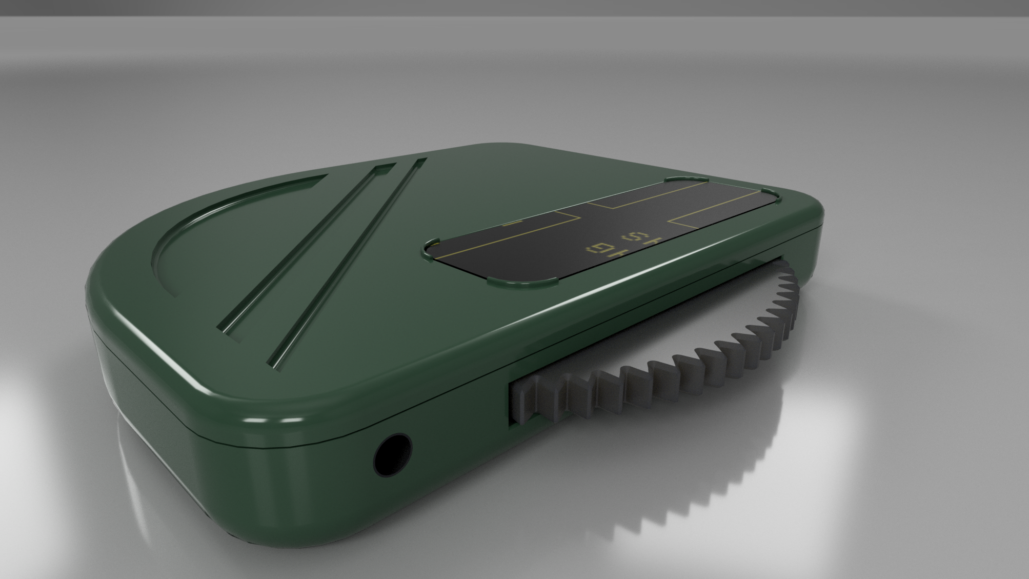 Angled view of Music Scroll dedicated music player device on dark wooden desk surface, featuring green plastic body with black e-ink display, serrated scroll wheel, label "That one song stuck in your head", positioned near blue pencil, yellow pencil eraser, white keyboard, and silver iMac stand, emphasizing premium aluminum construction, low-power e-ink technology, multi-day battery life, quirky form factor, and AI-enhanced user experience in minimalist design language.