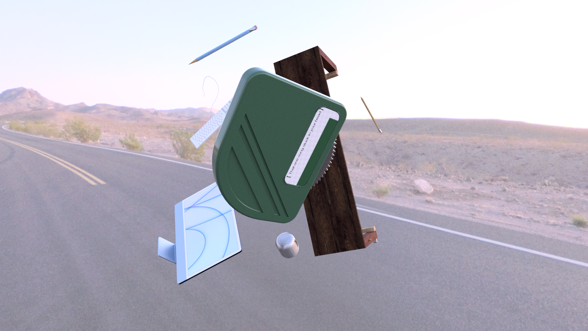 Exploded 3D render of Music Scroll music player components floating in desert highway landscape at sunset, including green body with scroll wheel and label "That one song stuck in your head", wooden drawer element, white keyboard fragment, blue pencil, yellow pencil, white cap, blue curved screen, showcasing disassembly for quirky hardware design with aluminum casing, e-ink display, tactile controls, modern single-use functionality, and AI-optimized for extended playback and intuitive interaction.