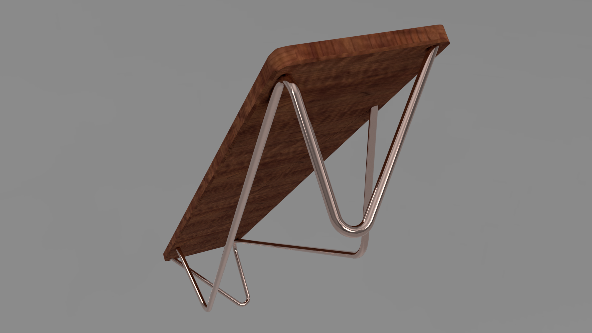 Underside 3D render of Radiant Bench on gray background, showcasing cherry wood surface with rich grain and bent copper tube swept legs in V-formation for smooth finish, minimalist three-component construction blending mid-century modern, Art Deco, and brutalist aesthetics, optimized for structural elegance and versatile room integration in contemporary interiors.