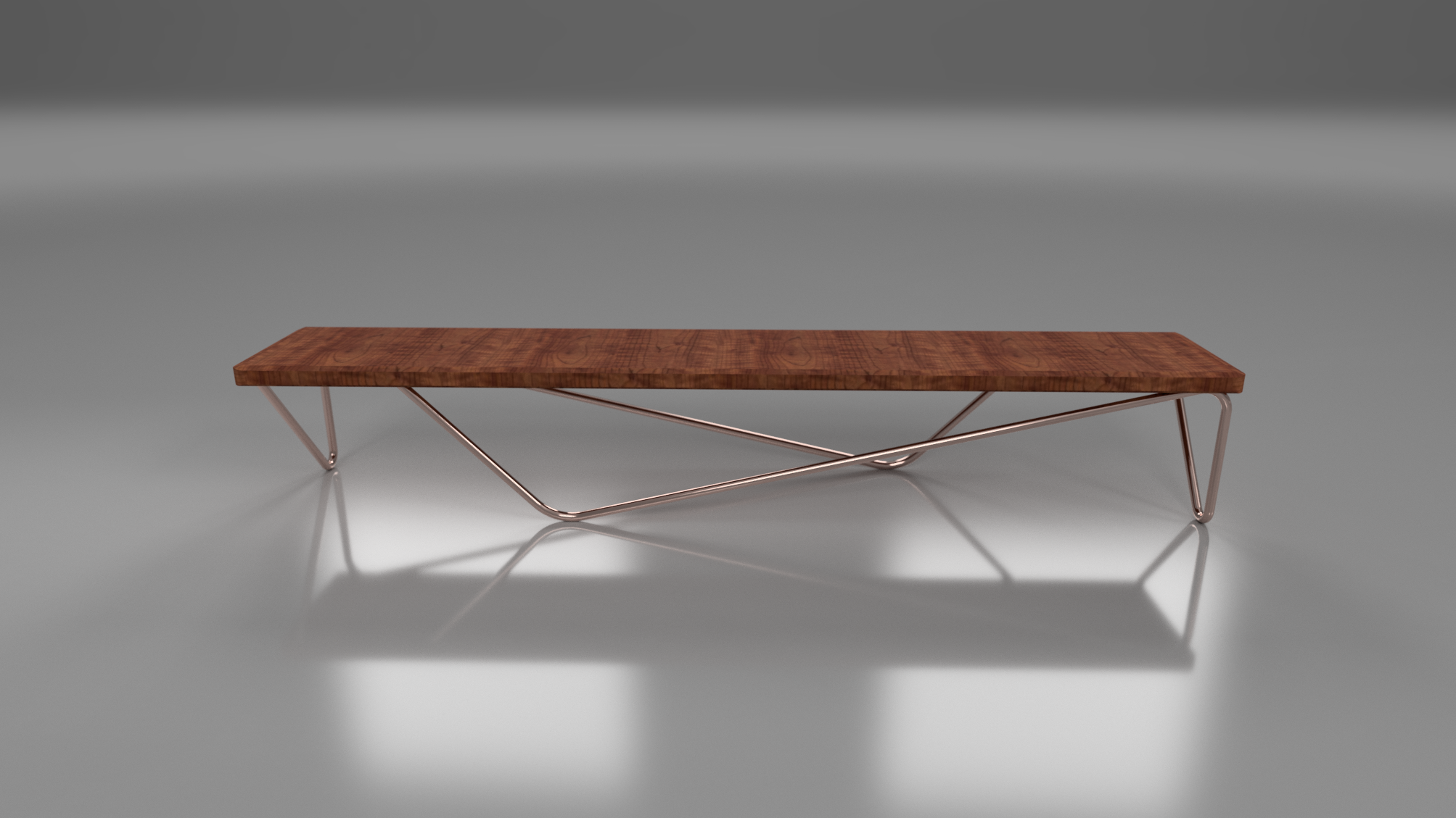 Full 3D render of Radiant Bench on gray background, rectangular cherry wood top complemented by warm copper tube legs in crisscross design, contemporary fusion of mid-century and Art Deco styles with brutalist edge, durable materials for timeless appeal, enhanced for optimal stability and aesthetic harmony in diverse settings.