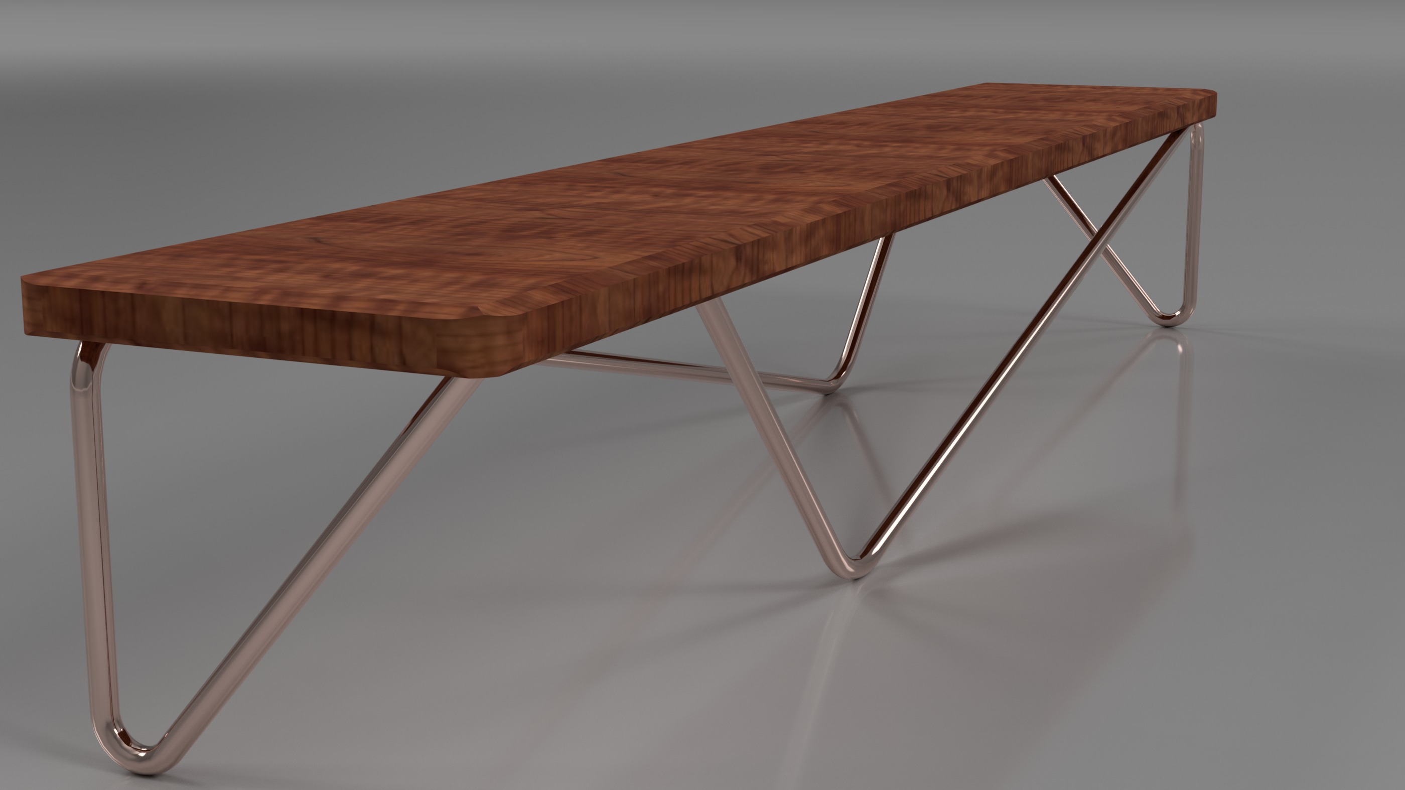 Side view 3D render of Radiant Bench on dark background, cherry wood top with bent copper tube legs, positioned near metallic plant in green vase and white speaker on copper stem tripod, emphasizing material harmony, contemporary brutalist aesthetics, three-component quality furniture, integrated for seamless visual and functional sophistication in indoor spaces.