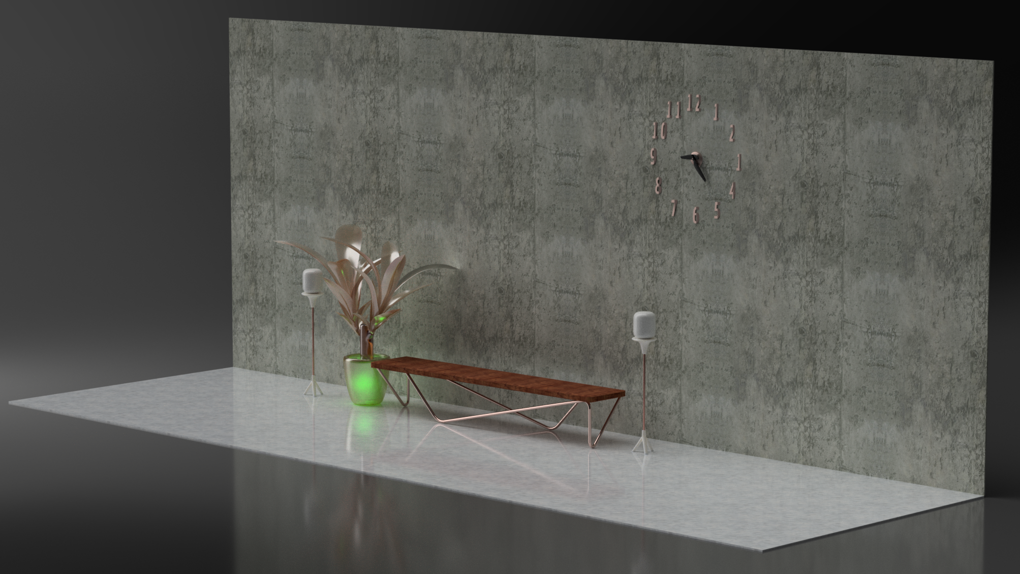 Interior 3D render of Radiant Bench in brutalist room setting against concrete wall with wall-mounted clock, flanked by green vase plant on copper stem and white speakers on tripod stands, cherry surface radiating warmth, swept copper legs for fluid support, mid-century Art Deco influence, AI-optimized design for prime fit in modern minimalist environments.