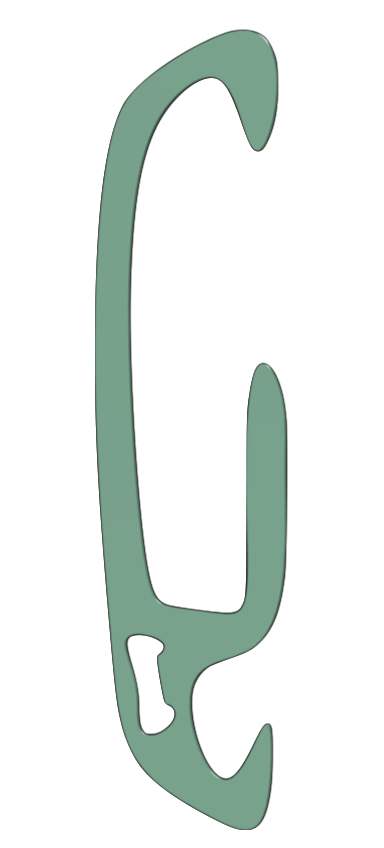 Isolated 3D render of Ski Carry hook component in teal green aluminum, lightweight design with curved shape and boot hook hole for secure gear attachment, part of all-in-one carrier system for skis, poles, and boots, emphasizing no-fumble transport, slim pack-away profile, integrated bottle opener, AI-optimized for efficient winter gear handling from basement to car.