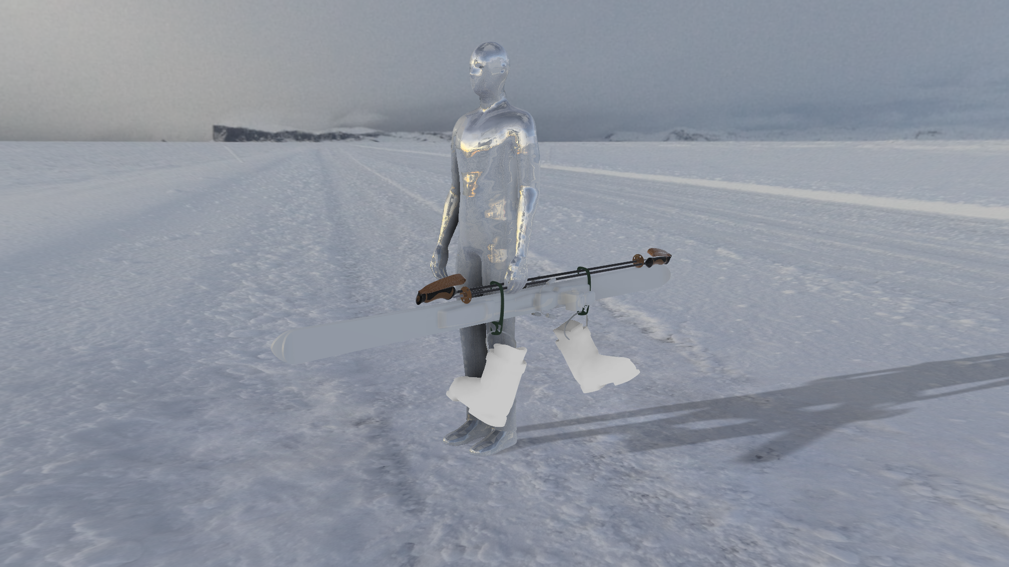 Surreal 3D render of silver mannequin carrying Ski Carry loaded with skis, poles, and hanging white boots in snowy landscape, showcasing hands-free transport capability, aluminum construction for rust-free durability, versatile all-essential carry, slim foldable design, integrated utilities like air hose compatibility, AI-integrated for self-sufficient off-grid utility in extreme conditions.