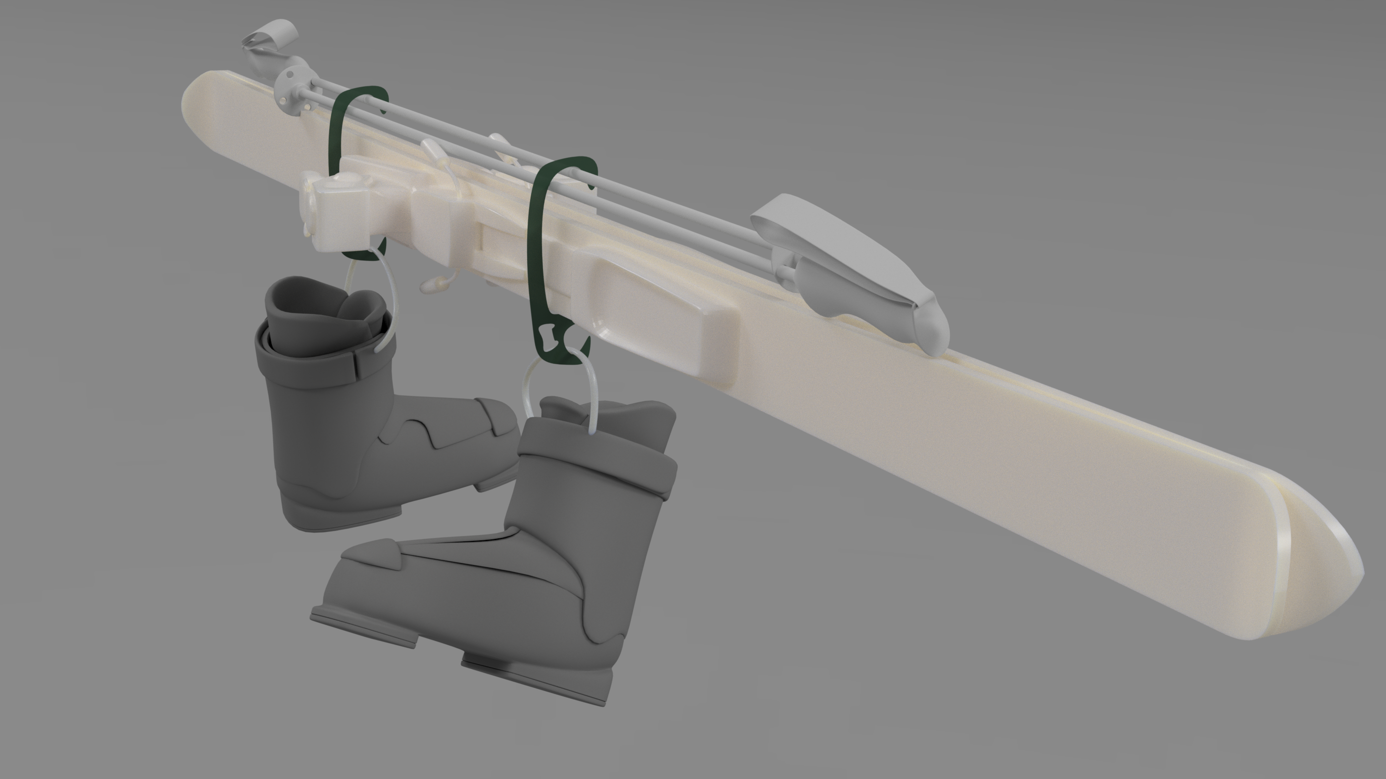 3D render of Ski Carry system in use, aluminum rod securing white skis and poles with green hooks dangling gray ski boots, demonstrating comprehensive gear organization, lightweight strength, dedicated fittings for skis and poles, boot hooks for easy attachment, multifunctional design including bottle opener, compact storage, AI-enhanced for seamless overland winter adventures.